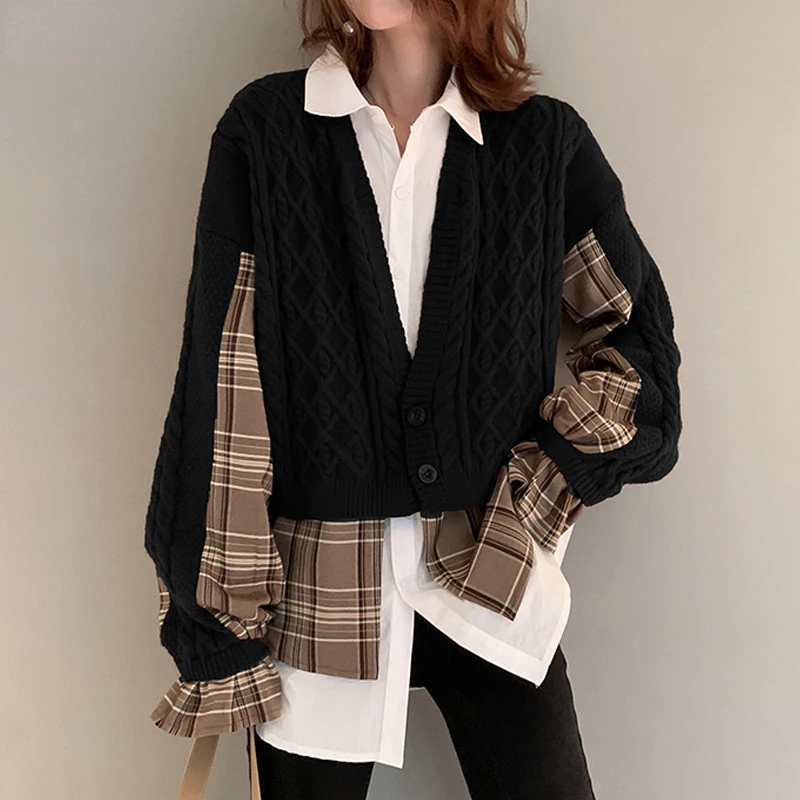 

Korea Chic Knitted Cardigan Spliced Women's Autumn 2022 New Laple Loose Single Breasted Long Sleeve Sweater 2022 16E2810