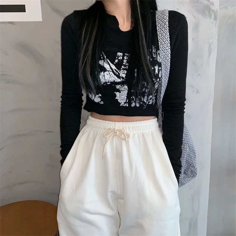 

Осень 2021, Винтажная футболка в рубчик с длинным рукавом и буквенным принтом, Женский облегающий кроп-топ, корейская мода, футболка