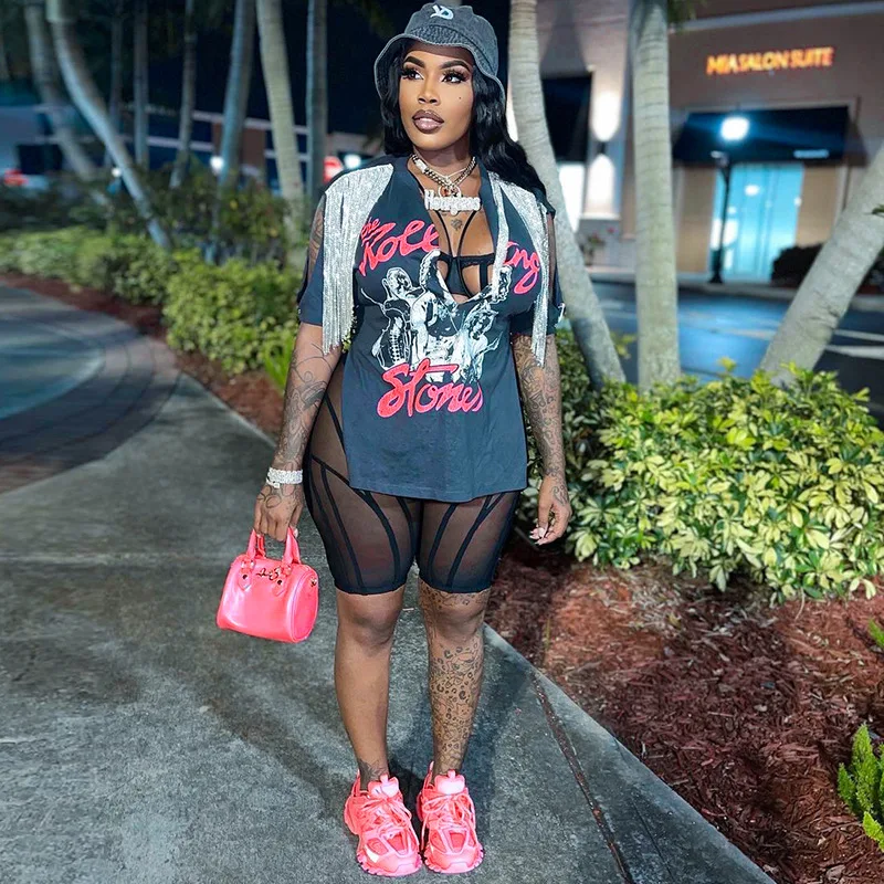 

2 Printed hip hop street slit fringe short sleeve T-shirt