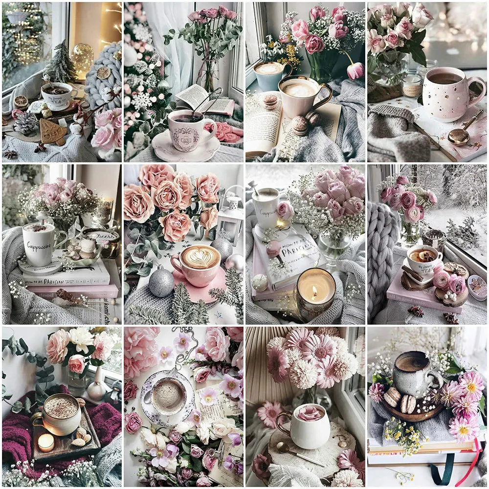 

HUACAN 5D алмазная картина новая коллекция 2023 цветок розовая роза полная Алмазная вышивка кофейная чашка крестиком набор домашний декор