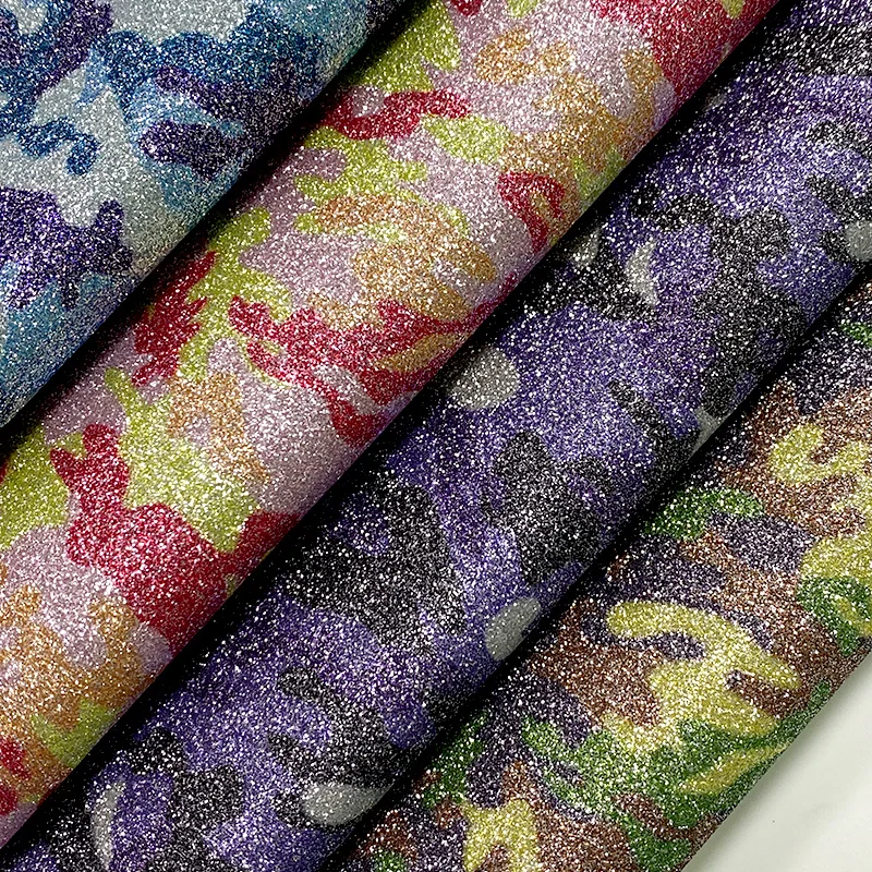 

XHT Camouflage Pattern Printed Super Shiny Fine Glitter Faux Leather Fabric For Making Hair Bow/DIY Accessories/Craft