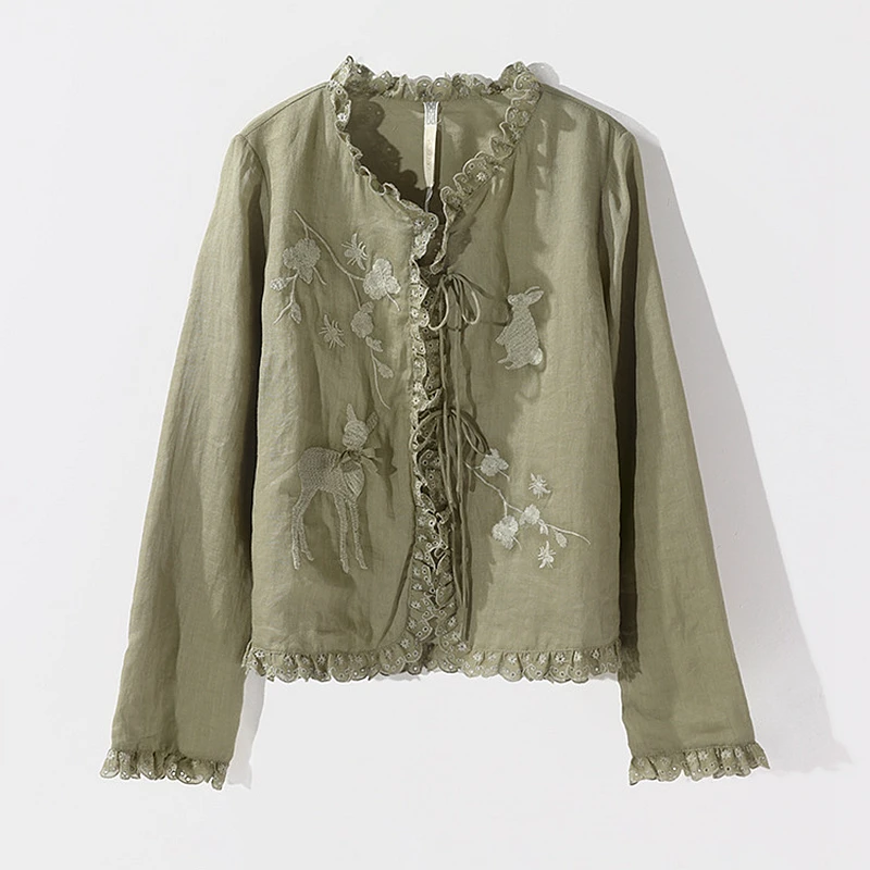 

Женская Солнцезащитная куртка из рами с вышивкой и оборками, однотонная короткая куртка с круглым вырезом, 2 цвета, высокое качество, новая м...