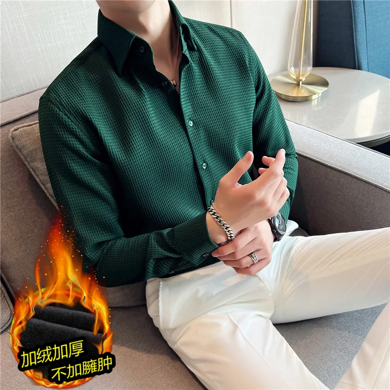 Autumn Winter Waffle Thick Warm Men's Shirts Long Sleeve Slim Fit Casual Business Dress Shirt Fashion Social Men Clothing 2022