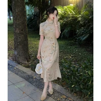 eia yiyao nanke new chinese close waist chiffon dress womens summer short sleeve printed improved cheongsam skirt