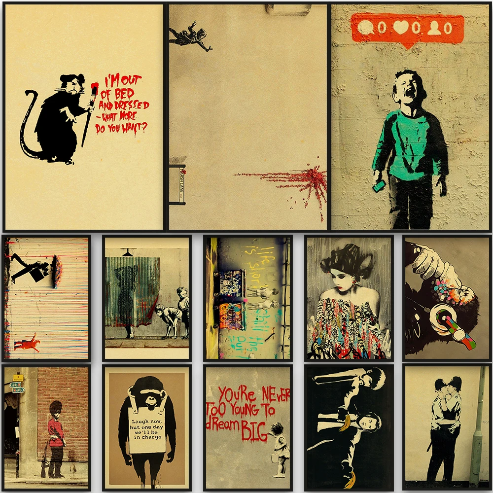 

Banksy Poster Kraft Paper Prints Home Decoration Cafe Suitcase Guitar Paper Retro And Cartoon 2022 Arrivals Art Nostalgia Poster