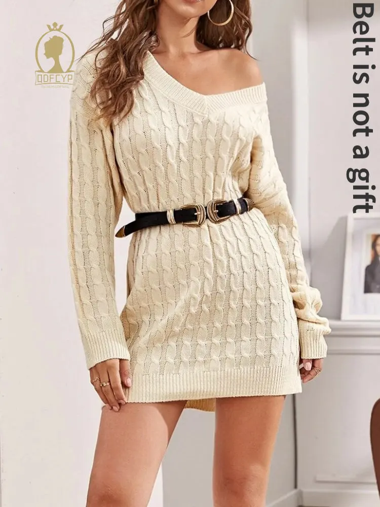 

Осенне-зимнее Новое Женское платье 2023 повседневное свободное трикотажное мини-платье с V-образным вырезом модное однотонное привлекательное трикотажное платье с длинным рукавом