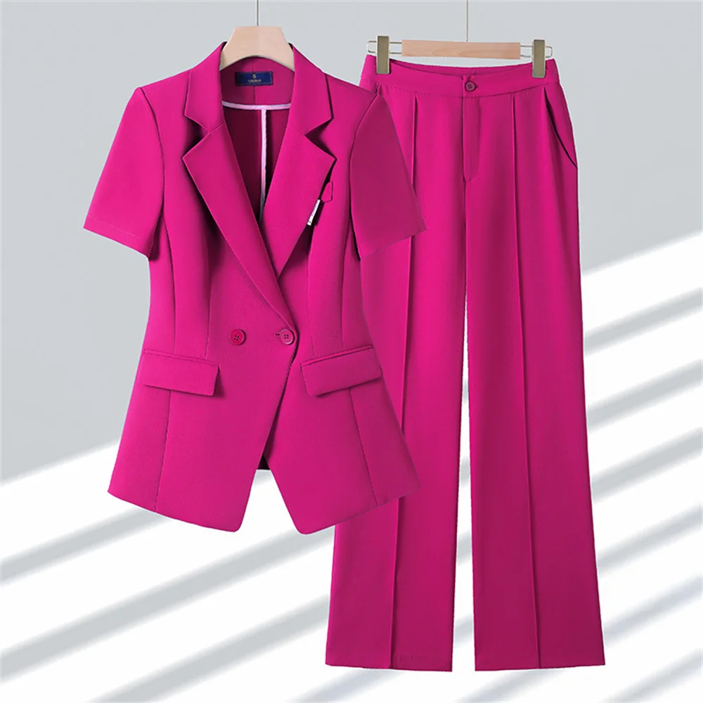 Fashion Women Two Pieces Set 2023 Summer Short Sleeve Jackets Coat + Pants Office Ladies Business Work Wear Formal Pant Sets