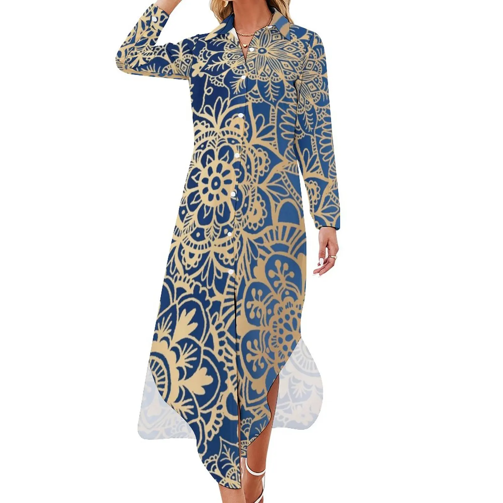 

Retro Gold Mandala Casual Dress Trendy Bohemian Print Streetwear Dresses Long Sleeve Modern Womens V Neck Big Size Chiffon Dress