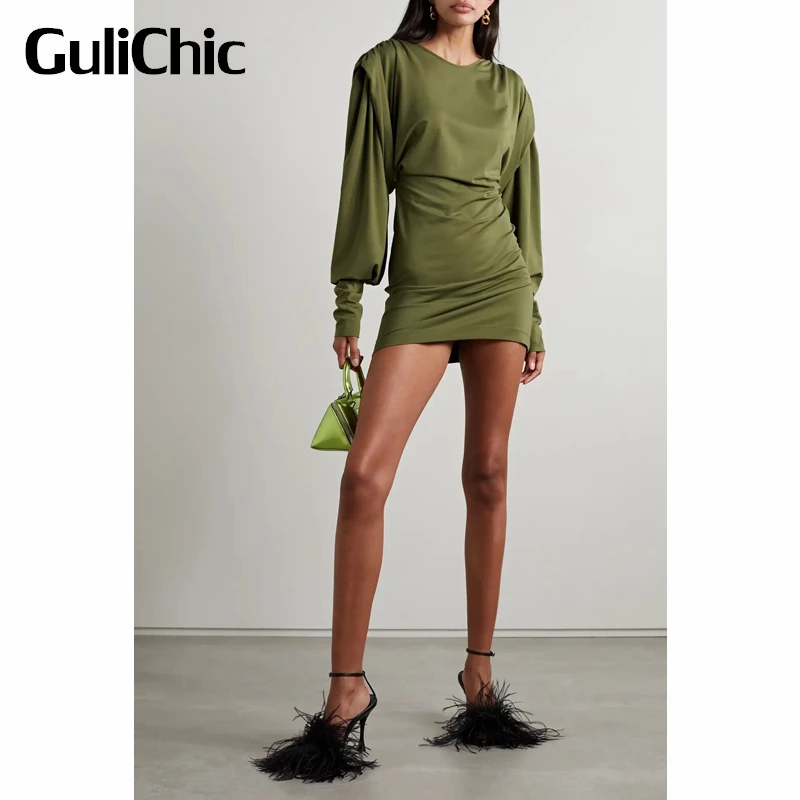 

7.11 GuliChic Women Fashion Cuff Embroidery Round Neck Lantern Sleeve Slim Mini Dress