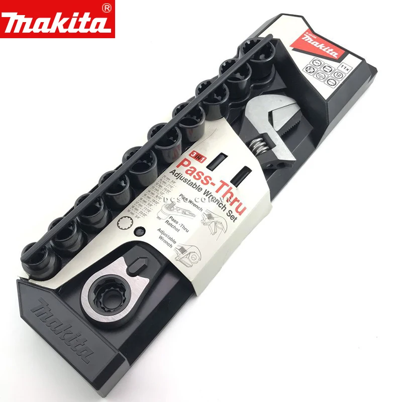 Makita B-65458 11Pcs Pass Through Reversible Adjustable Wrench + Spline Sockets Quick Manual Penetrating Pipe Ratchet Wrench Set