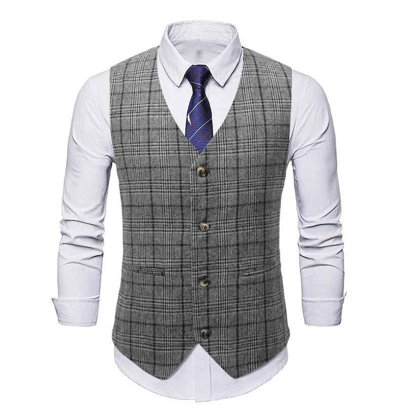 

Mens Single Breasted V Neck Formal Suit Vest Stylish Plaid Herringbone Tweed Waistcoat Men Business Tuxedo Vests Gilet Homme XL