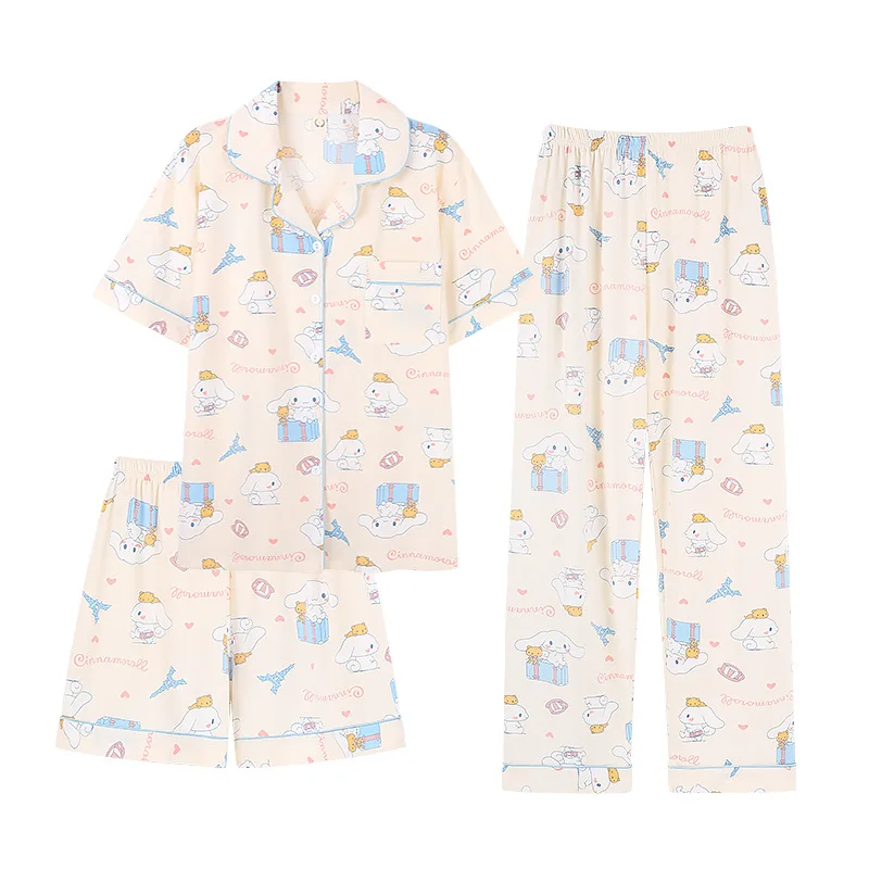 

Kawaii Anime Cinnamoroll Sanrioed Clothes Cartoon Cute Short Sleeve Shorts Trousers Pajamas Home Wear Set Three-Piece Set Gift