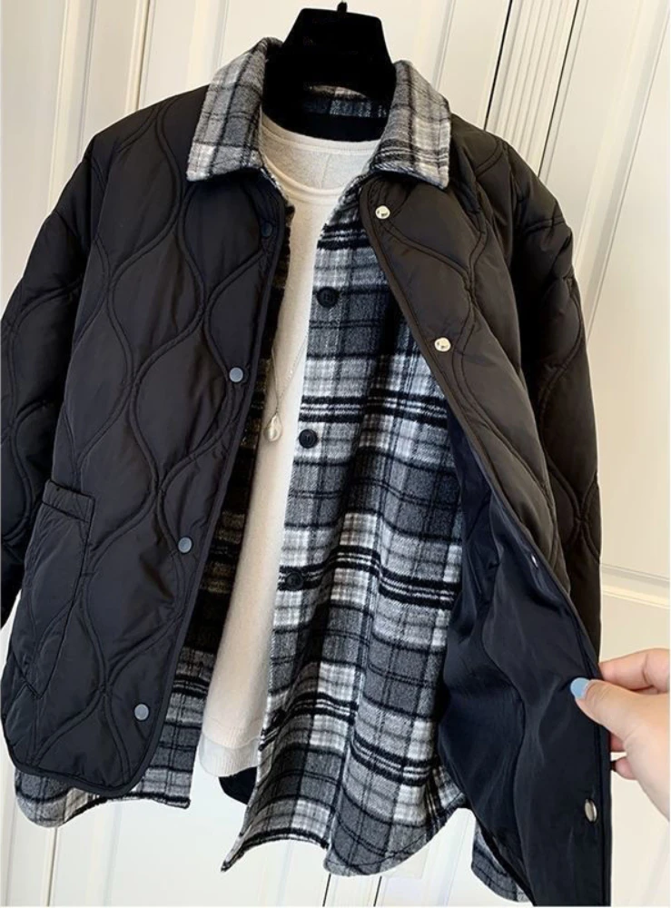 Women's Winter Jacket Fashion Parkas Lapel Oversize Vintage Clothes White Loose Warm Plaid Top Casual Quilted Coats Female enlarge