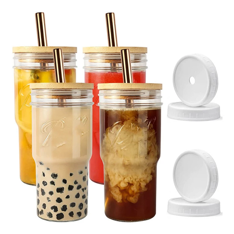 

22/24OZ Glass Cup With Bamboo Lid And Straw Transparent Bubble Tea Cup Juice Glasses Beer Can Milk Cups Breakfast Mug Drinkware