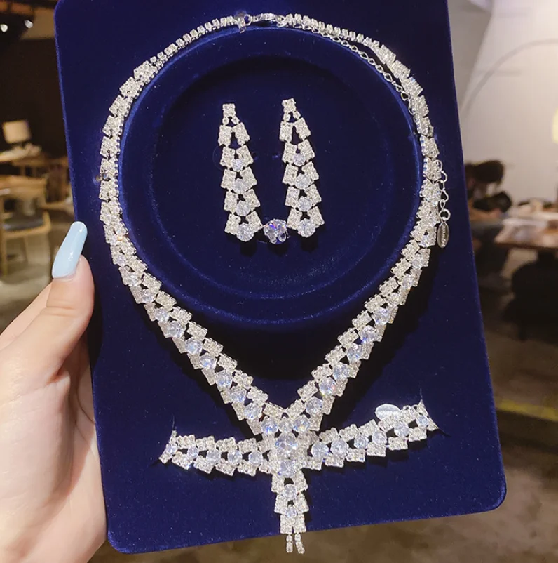 

ANGLANG Elegant Gemstone Jewelry Sets High Quality Zircon Silver Dangle Earrrings Necklace Ring Set for Women Wedding Party Gift