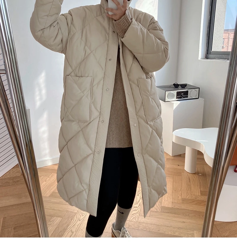 Women's Casual Stand Collar Argyle Pattern Oversized Parka 2023 Winter New Korean Style Long Cotton-padded Coat Chic Jacket Ins