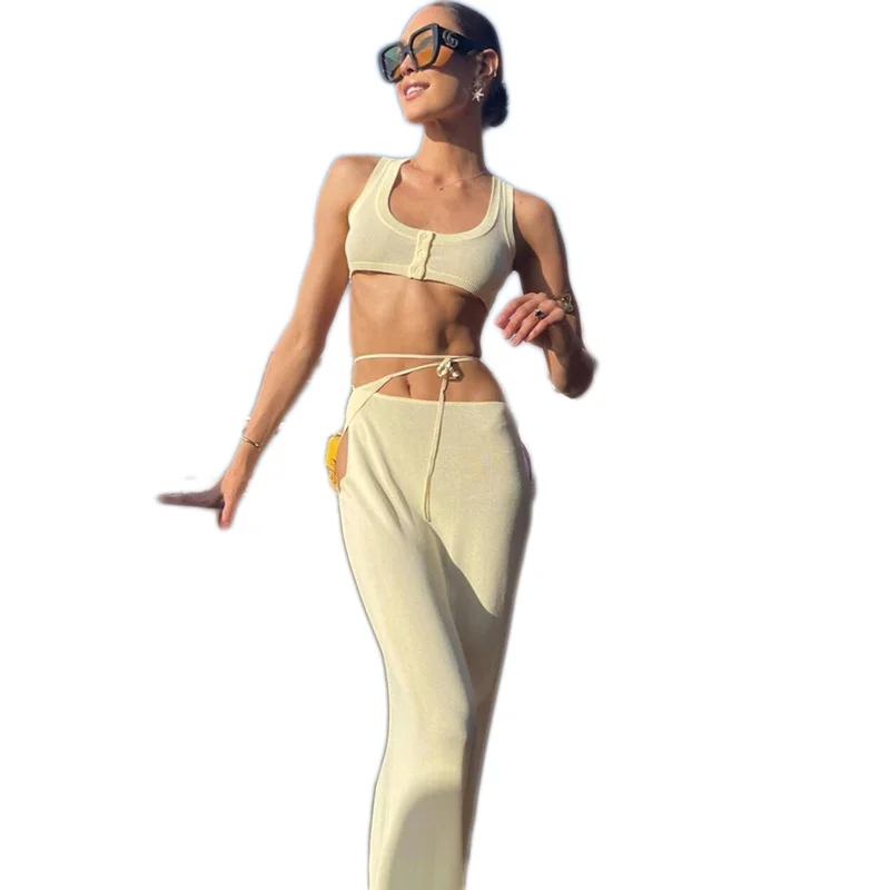 

2022 Summer Two Piece Dress Sets Women Vest Crop Tops And Empire Hollow Out Long Maxi Skirts Suits Bodycon Corset Dress