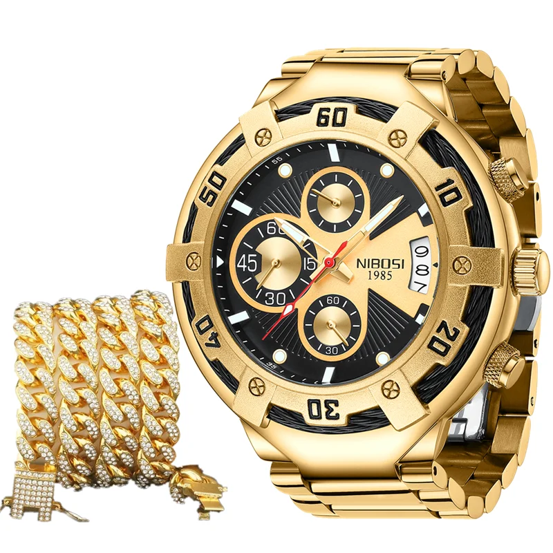 

2pcs/set Big Watch + Bracelet Hip Hop Gold Diamond Chian + Luminous Chronograph Male Wristwatch Relogio Masculino