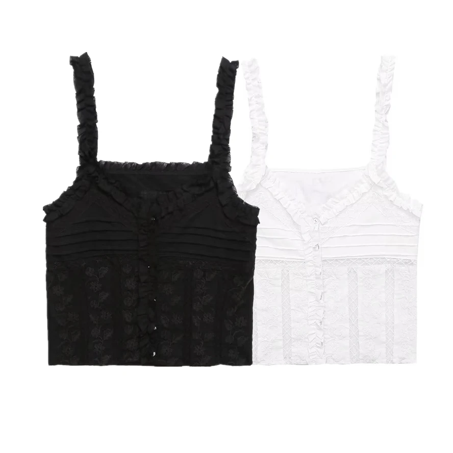 

Dave&Di French Country Style Retro Cotton Embroidery Layered Sleeveless T-shirt Ladies Summer Tank Tops Women