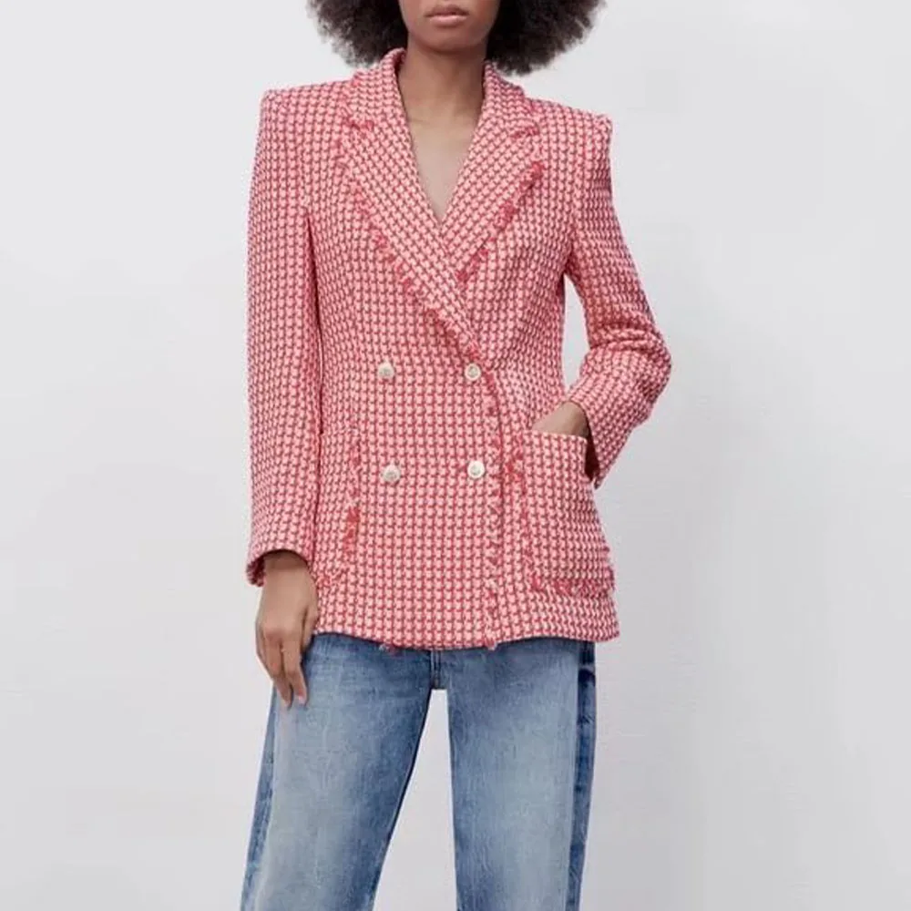 

Women's 2022 Fashion New Double Breasted Plaid Slim Fit Blazer Casual Retro Temperament Long Sleeve Female Chic Blazer Mujer