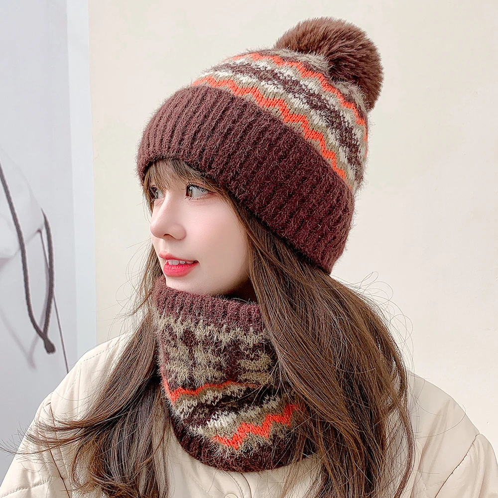 

2022 Winter Warm Beanies Hat Ring Scarf 2 Piece Woman Pompoms Hats Knitted Hat Fashion Pompoms Ski Cap Scarf Set