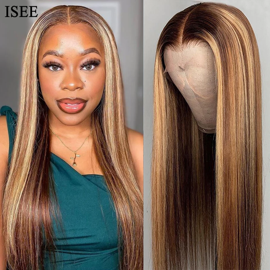 

ISEE HAIR 4/27 Highlight Straight Wig 4x4 Lace Closure Human Hair Wigs Brazilian Straight Wig For Women Honey Brown Ombre Wig