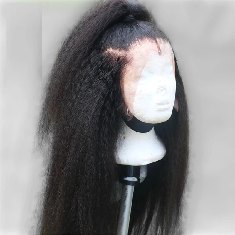 

Мягкий натуральный черный 200 плотный курчавый прямой длинный парик Yaki 26 дюймов на сетке спереди для африканских женщин с детскими волосами без клея