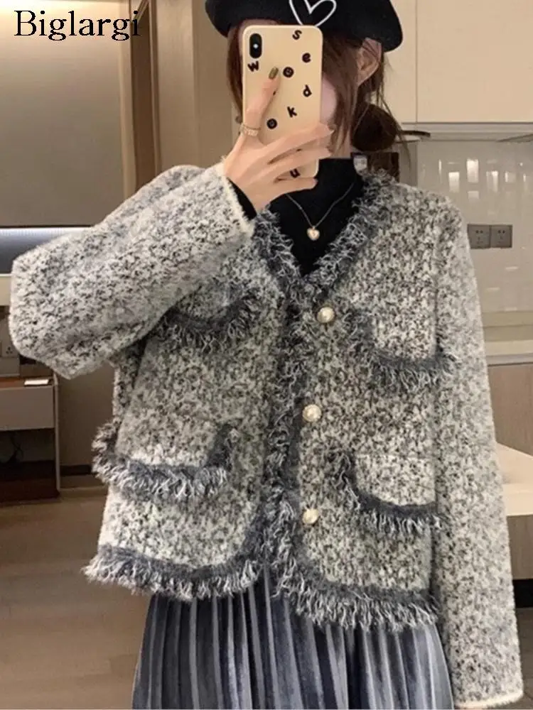 

Autumn Winter Furry Coat Women Fringe Modis Print V-Neck Ladies Cropped Jackets Korean Loose Long Sleeve Woman Jackets Coat 2023