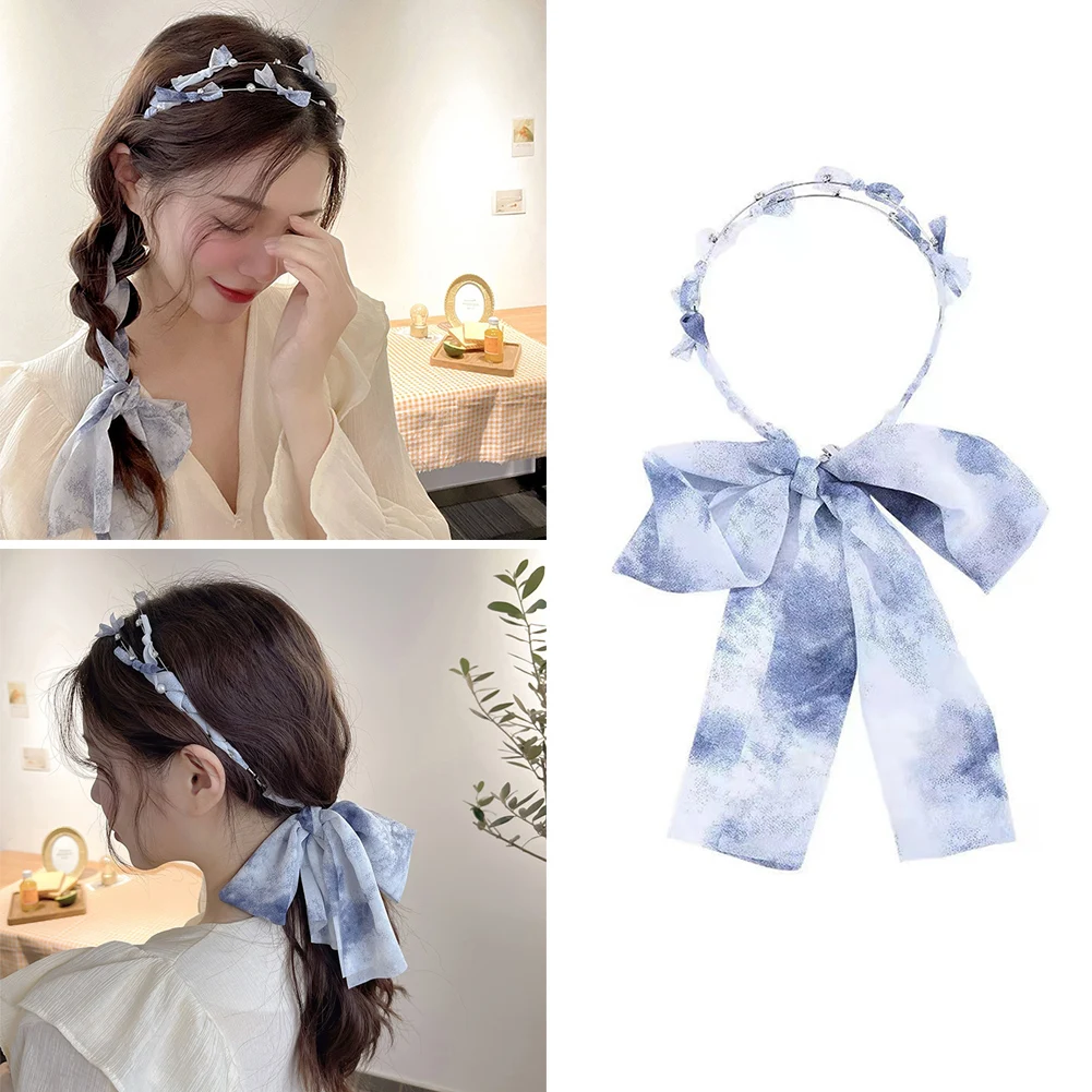 

Summer Floral Print Long Ribbon Hairband Pearl Braided Headband Streamers Hair Hoop For Girls Korea Sweets Hair Accessories