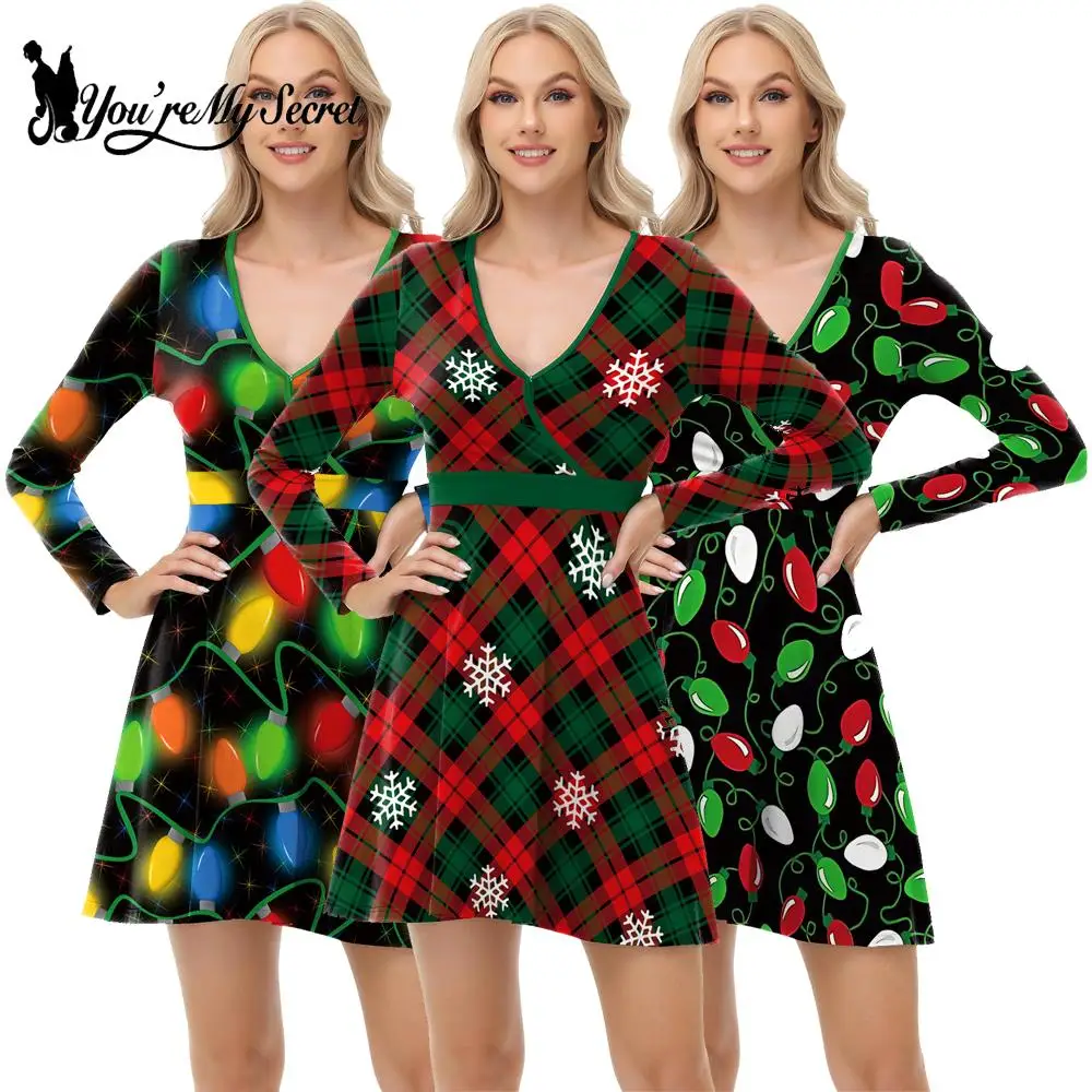 [Ты мой секрет] Платье для женщин Рождественские платья со снеговиком и v-образным