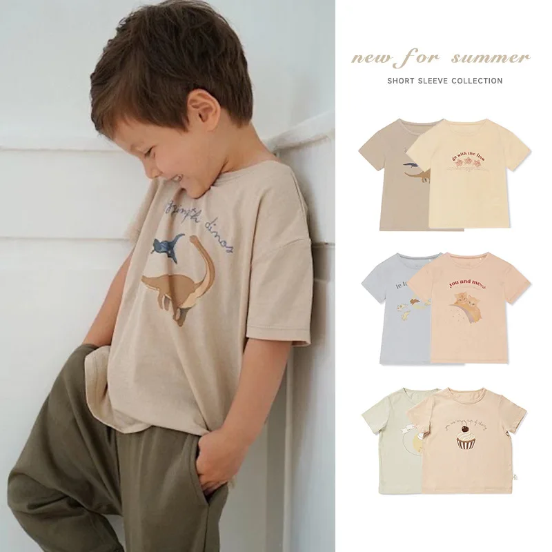 

Children's T-Shirt Summer 2022 Nordic Style Boys and Girls Baby Cute Childlike Fun Print Unisex Short Sleeve Cotton Top Pullover