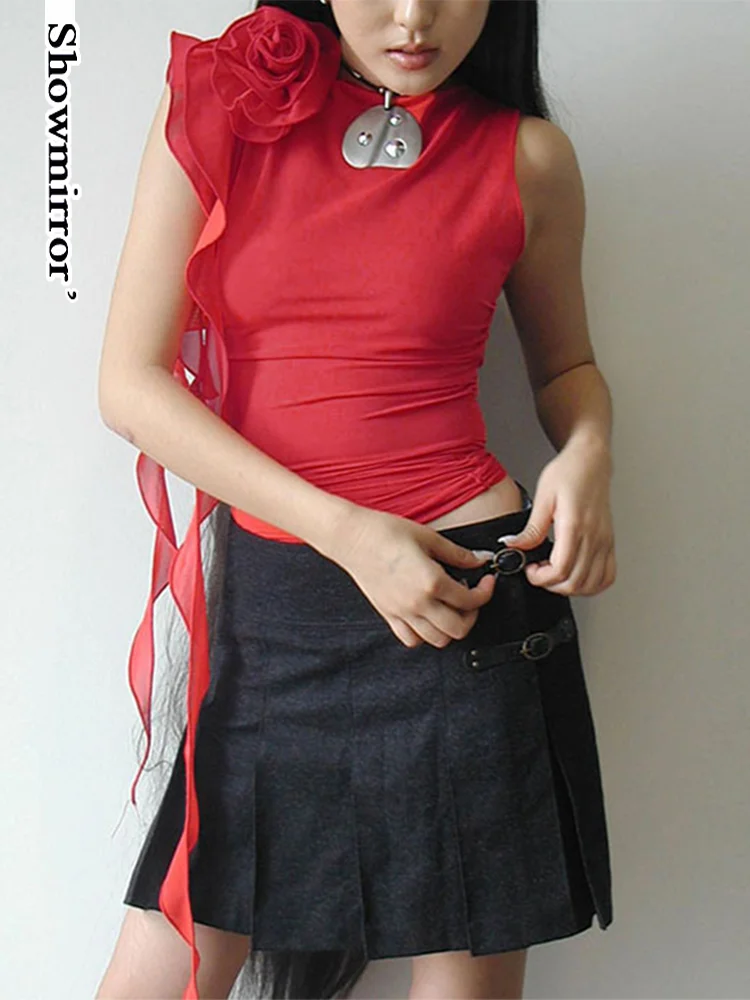 

Сетчатая майка Showmirror с кисточками Y2K, женский прозрачный эластичный пикантный топ с круглым вырезом и цветами, праздничный вечерний облегаю...