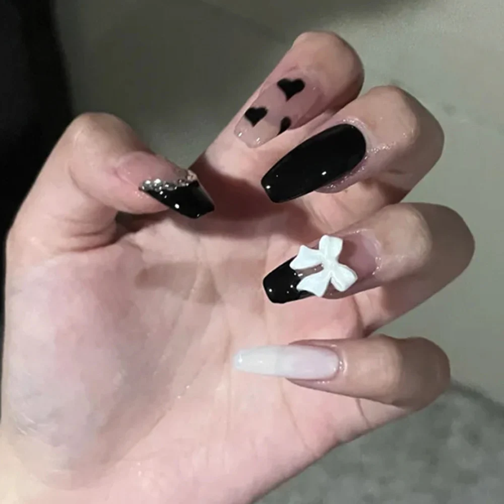 

24Pcs Glossy Cool False Nail Delicate White Bow Fake Nail for Women and Girl Full Cover Removable Fake Nail Pieces Artificial BU