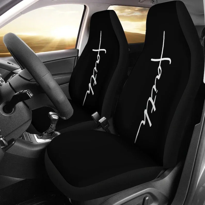 

Faith Word Cross Car Seat Covers Black and White Religious Christian Themed Car Accessories Set of 2 Universal Fit Christianity