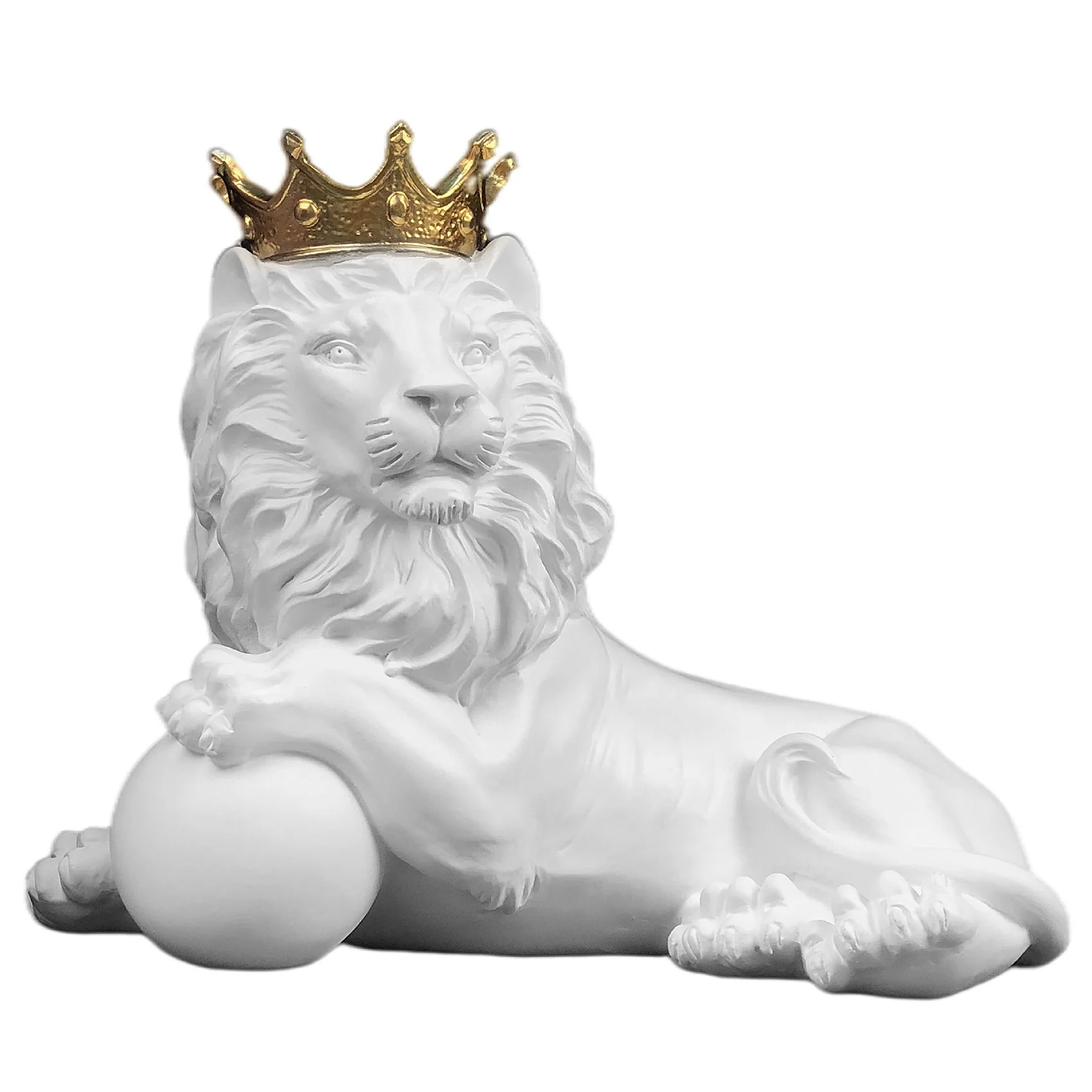 

Modern Resin Crafts Lion Catching Ball Statue,Lucky Crown Lion Simulation Sculpture Home Office Decoration (Sit-White)