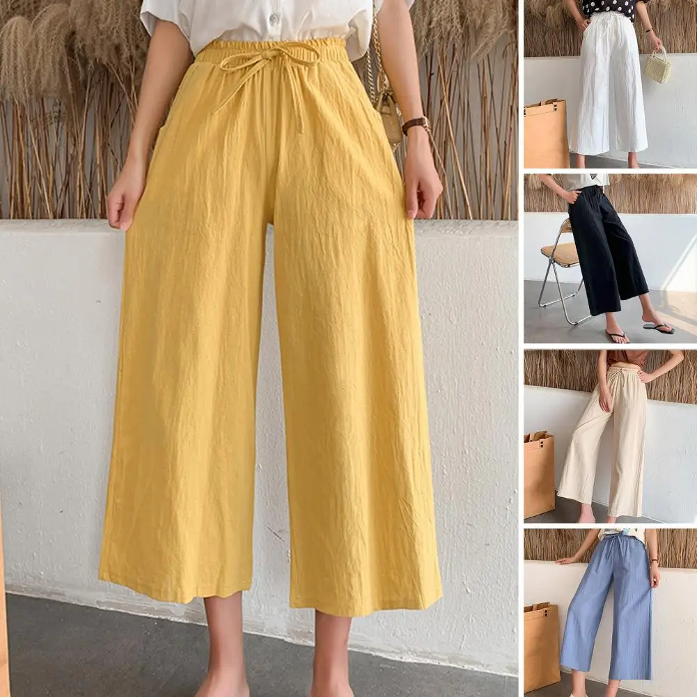 Mid-rise Elastic Waistband Drawstring Straight Wide Leg Pockets Women Summer Pants Vintage Cotton Linen Solid Color Pants