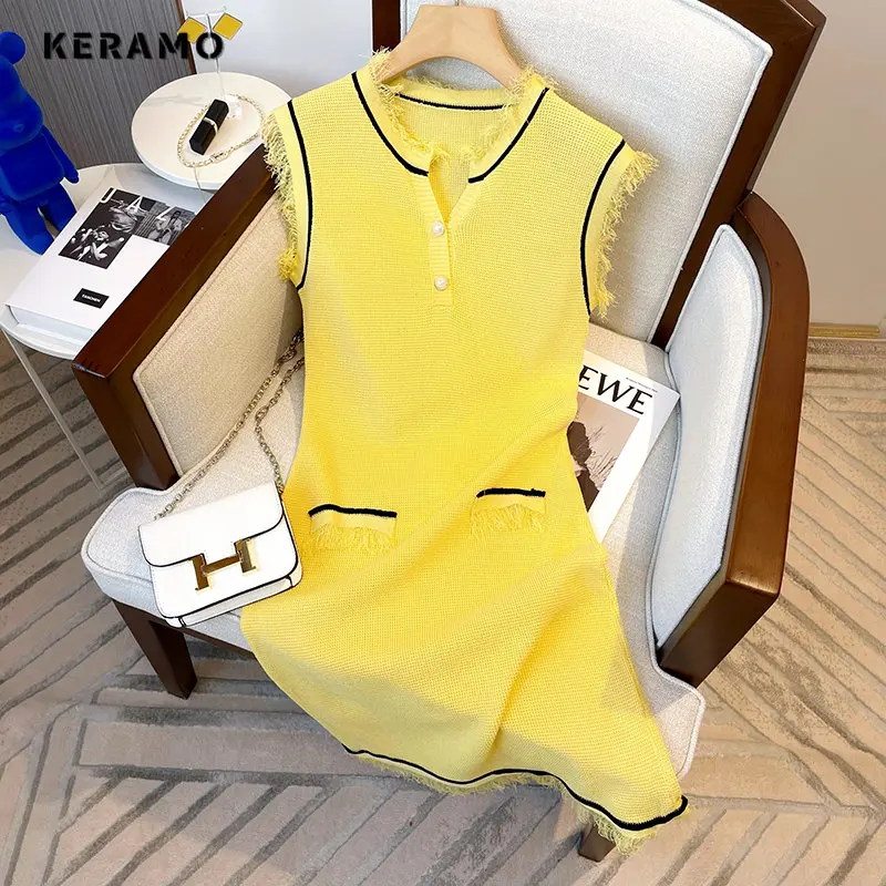

Women Vintage Luxury Tassels V-neck Yellow Dress 2023 Summer Elegant Office Lady Sleeveless High Waist Camisole Evening Dress