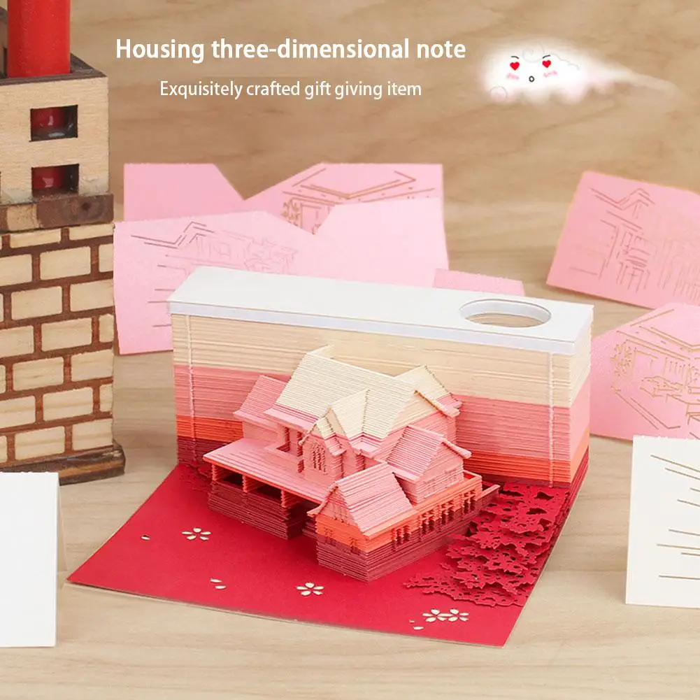

3D Pink Attic Paper Carving Model Notepad 3D Three-dimensional Block Creative Note Paper Gift Notepad Pad Memo Q1R4