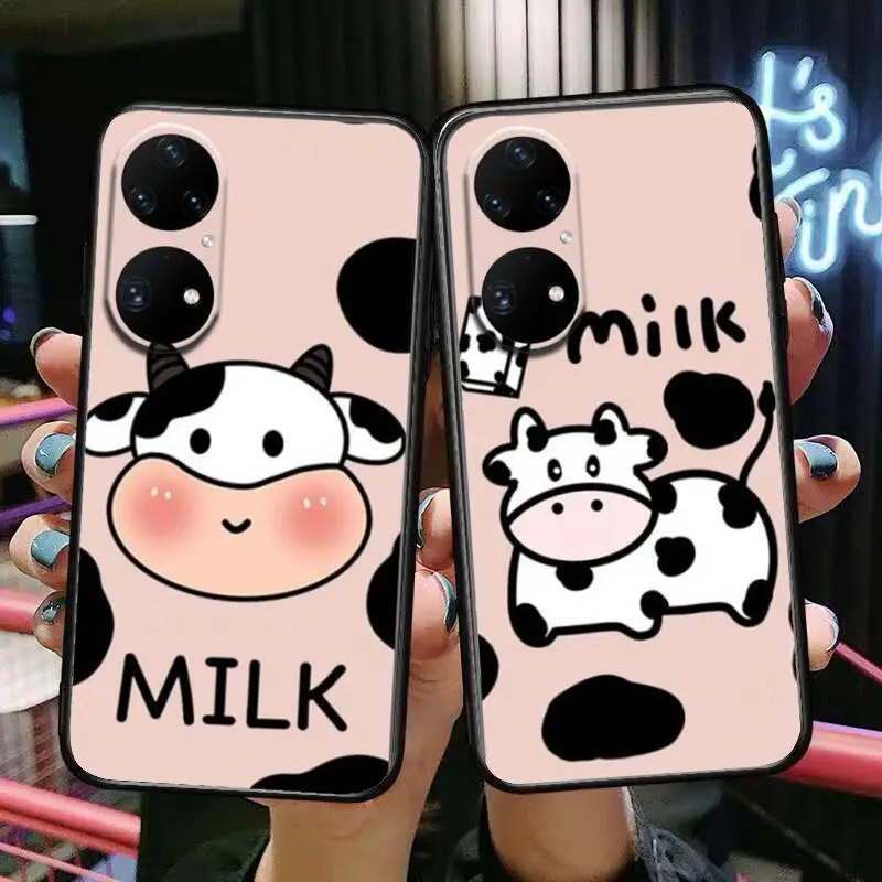 

Cute Cartoon Milk Cow Phone Case For Huawei p50 P40 p30 P20 10 9 8 Lite E Pro Plus Black Etui Coque Painting Hoesjes comic fas