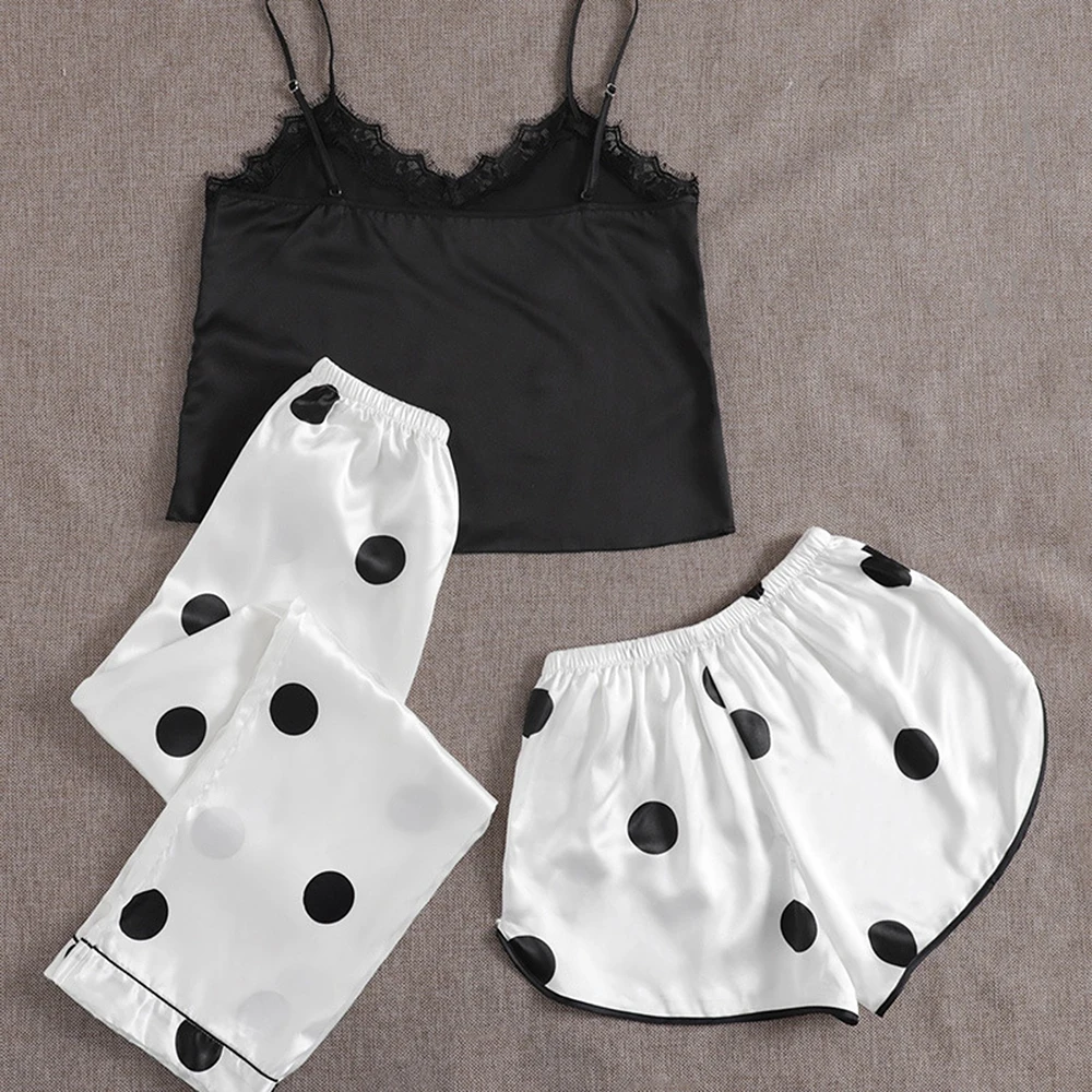 New Sleepwear Lace Edge Sexy Sling Shorts Casual 3PK Women's Soft and Comfortable Silk Homewear Cute Little Dot Sleepwear Set