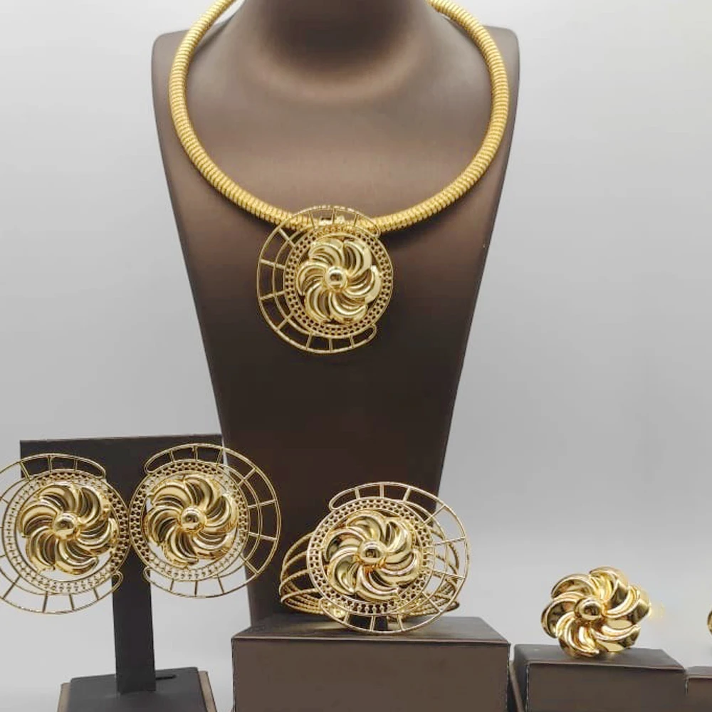 

Women Flower African Earrings Sets Necklace Jewelry Fashion Gold Plated Rings Bracelet Wedding Pendant Dubai Pendant Party Gift