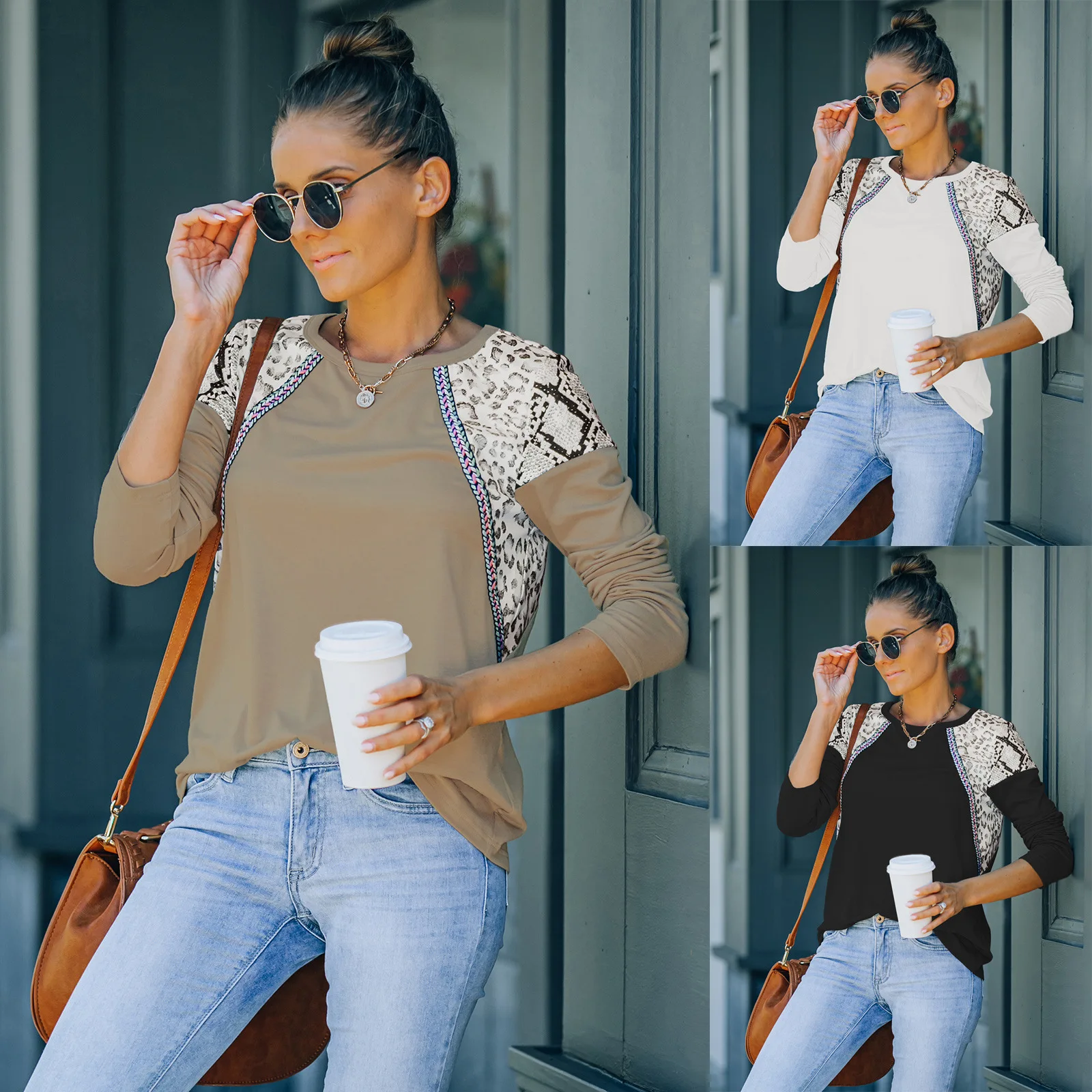 

Women Fashion Color Block Stitching T-shirt Ladies Casual Animal Print Long Sleeve Round Neck Pullover