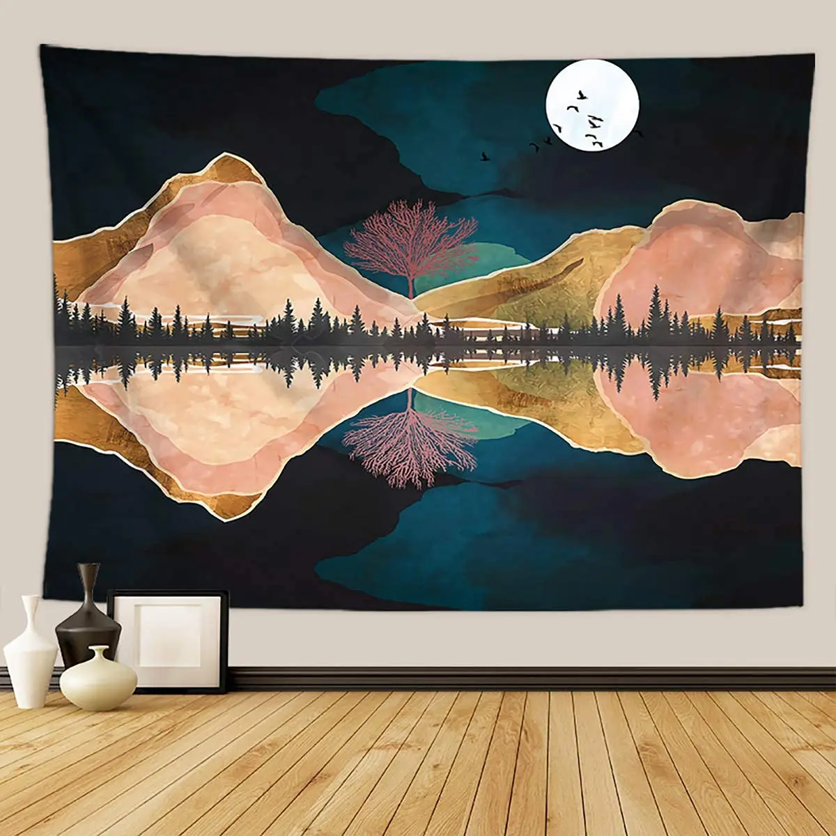 

Mountain Tapestry Lake and Moon Landscape Tapestry Night Sky Tapestry Nature Tapestry Wall Hanging Psychedelic Forest Tapestry