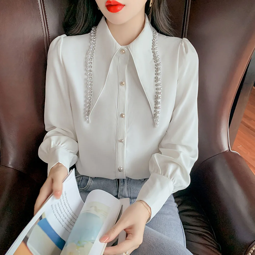 

Elegant Beaded Diamond Lapel White Shirts For Party Women 2023 Autumn Chic Solid Single-breasted Long Sleeve Top Blouse Female