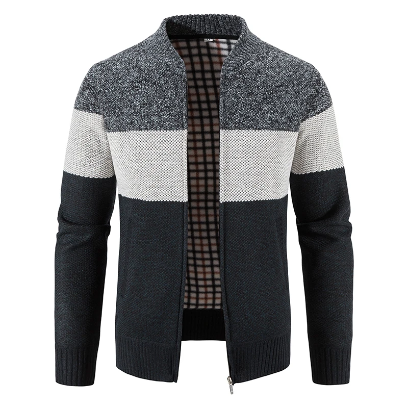 New Men's Cardigan Fashion Knit  Sweater Sewn Color  Stand Collar Jacket Red  Black Stripe Single-Breasted Warm Zipper Coat