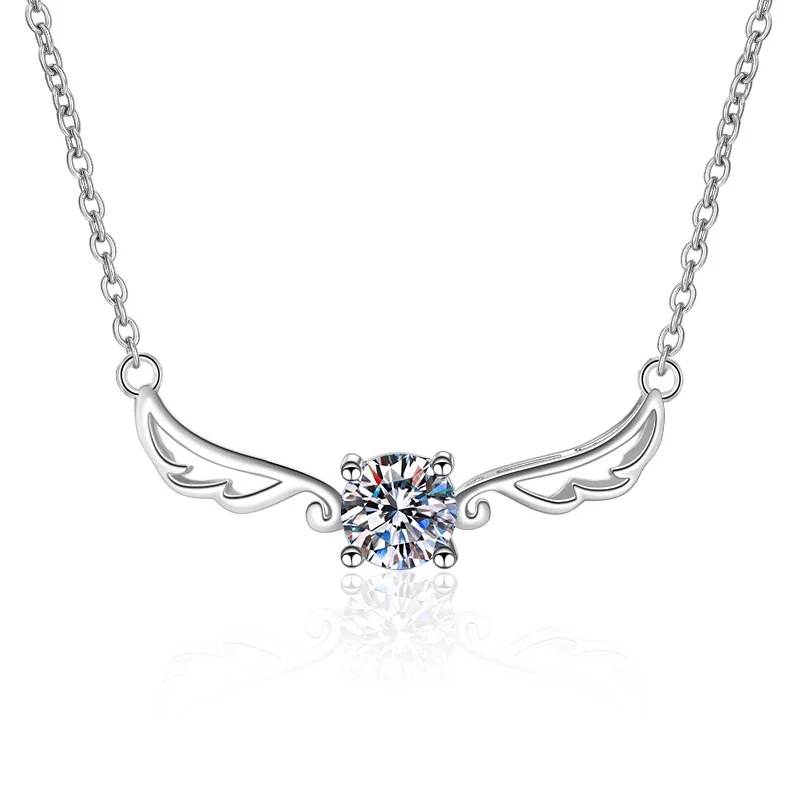 

New Fashion Girl S925 Sterling Silver Angel Wings Imitation Diamond Collar Neck Chain 50 Points moissanite Necklace