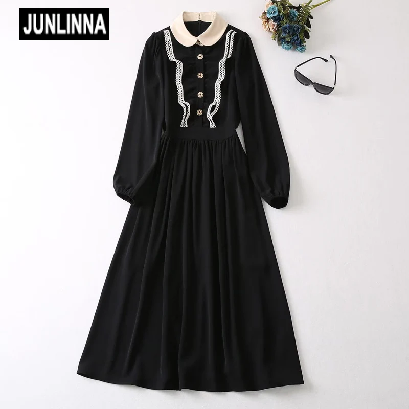 

JUNLINNA Autumn Winter Party Dresses Women Lapel Collar Long Sleeve Button and Chemical Floral Side Patchwork Pleated Vestidos