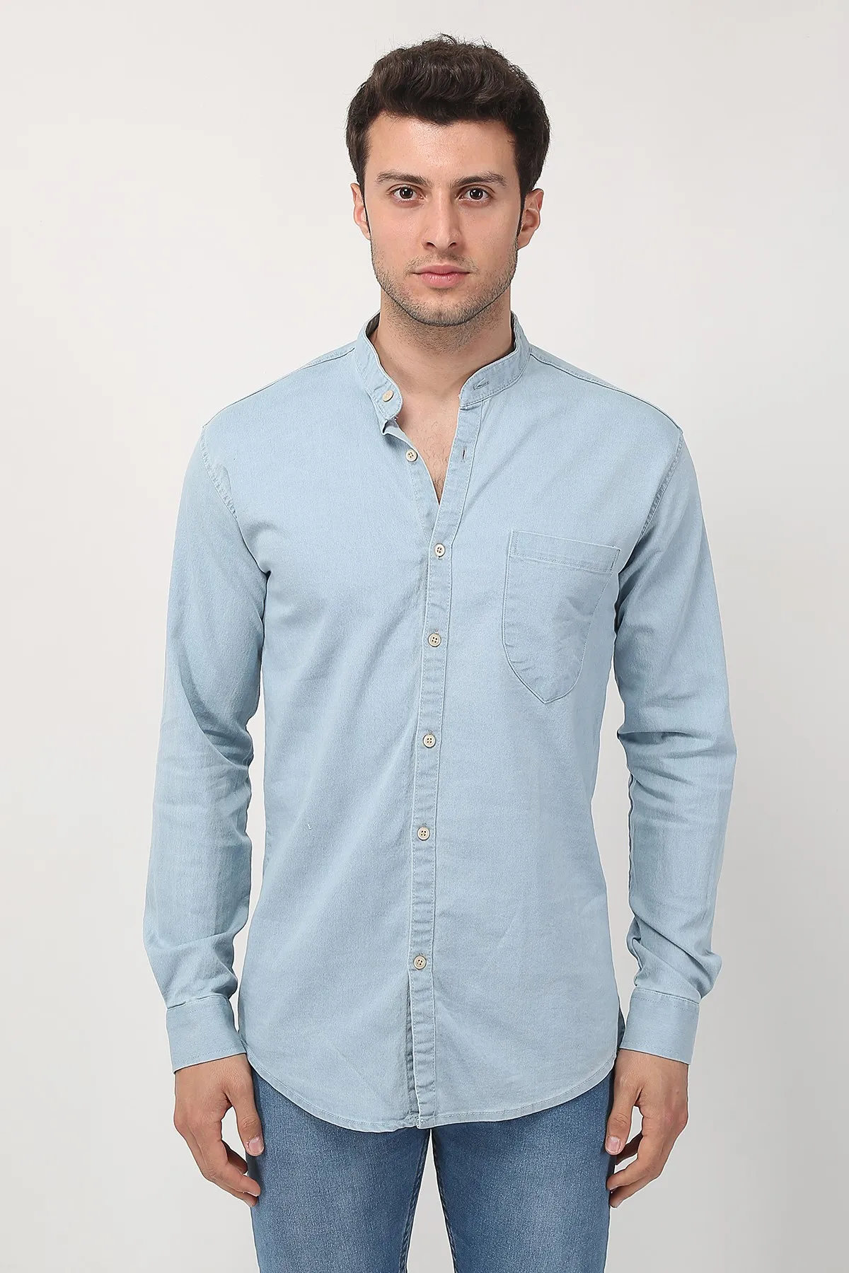 

Therapy Men Men 'S Long Sleeve Crew Neck Pocket Denim Shirt 21Y-4300590-01 Ice Blue