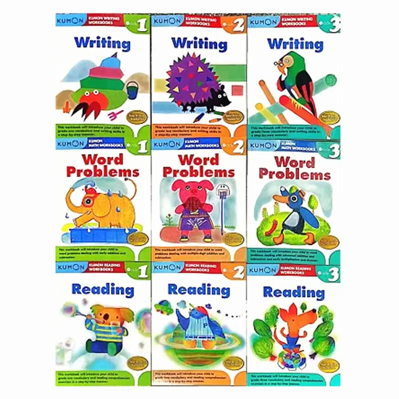 9 Books/set Kumon Document Style Education Math + Writing + Reading Exercise Book for Grades 1-3