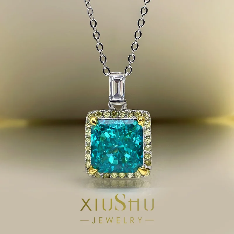 

High End Customized 5-Carat Princess Square Diamond Artificial Palaiba Tourmaline Necklace Simple And Luxurious Clavicle Chain